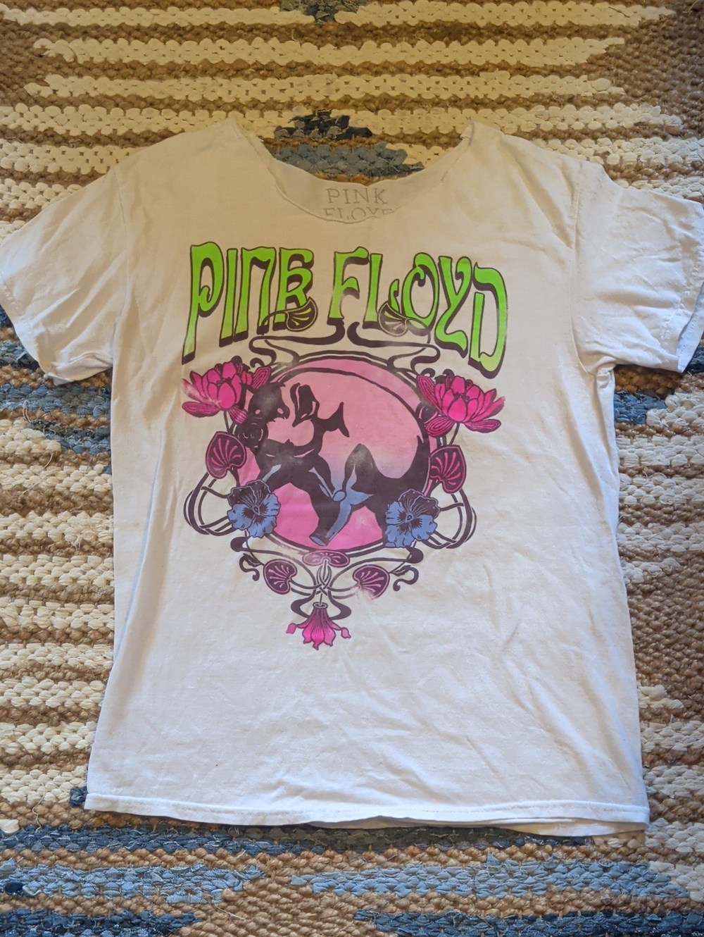 Pink Floyd White Tee with Pink, Green & Blue Graphic